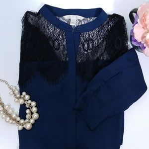 LC Lauren Conrad Lace Button Down Blouse Sz L